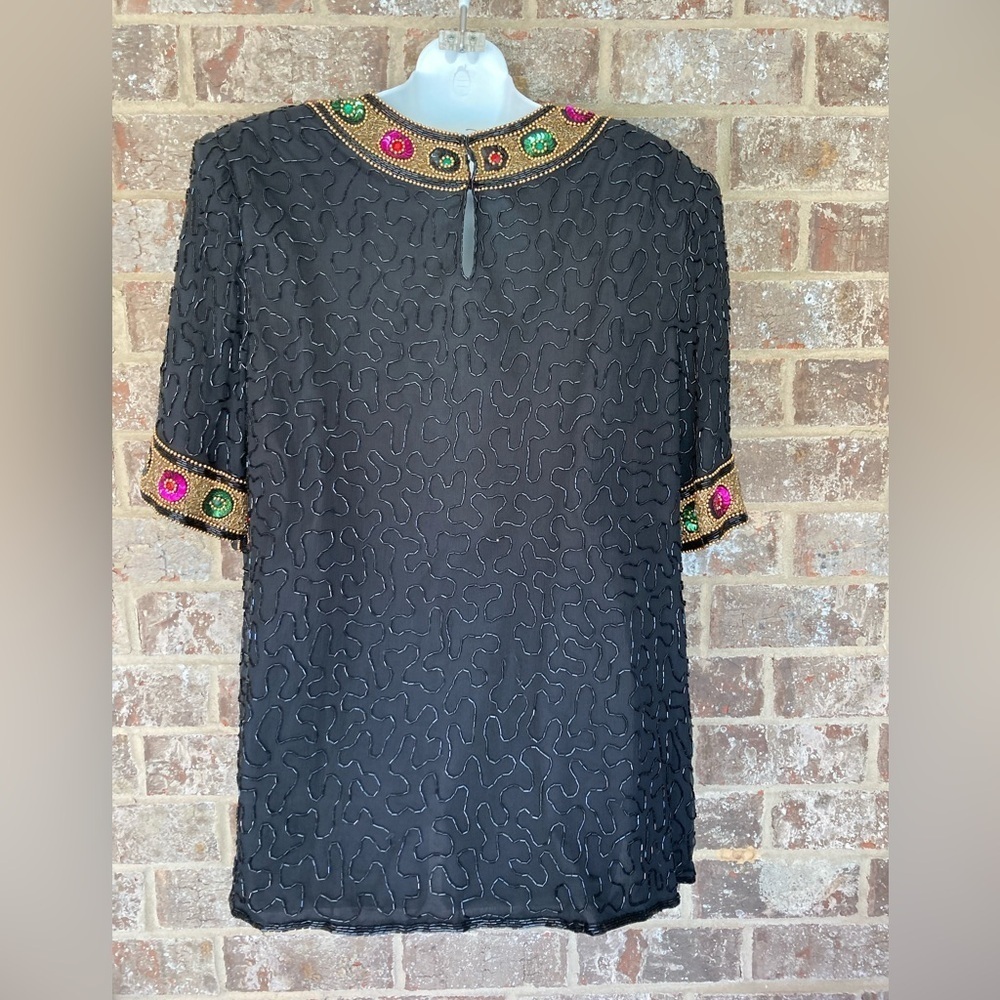 Vintage 80s beaded blouse Lawrence Kazar black Size Large - Picture 7 of 8